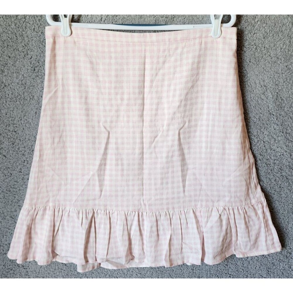Draper James RSVP Ruffle Hem Skirt Pink/White Plaid Gingham Linen Blend Size 14